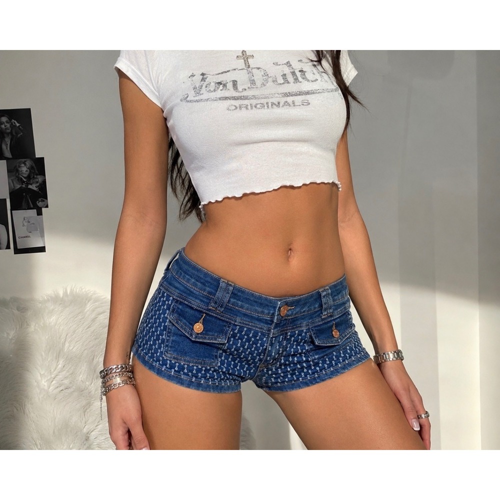 Rampage Sophie Mid Rise Micro Denim Shorts Blue Bow Embroidered Y2K Sz10